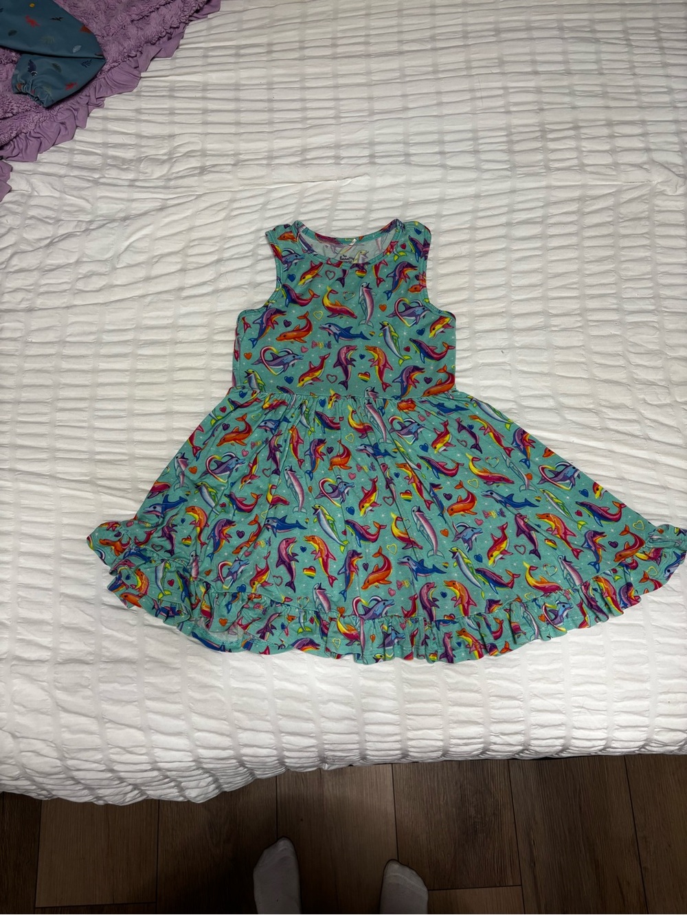 Girls' Aqua Dolphin Print Sleeveless Twirl Dress